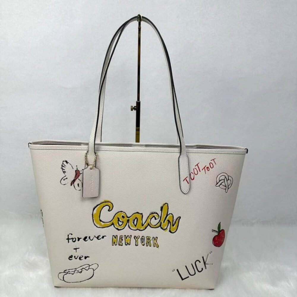 Coach City Tote Bag With Sketch Print Double Face Leather Chalk Multi